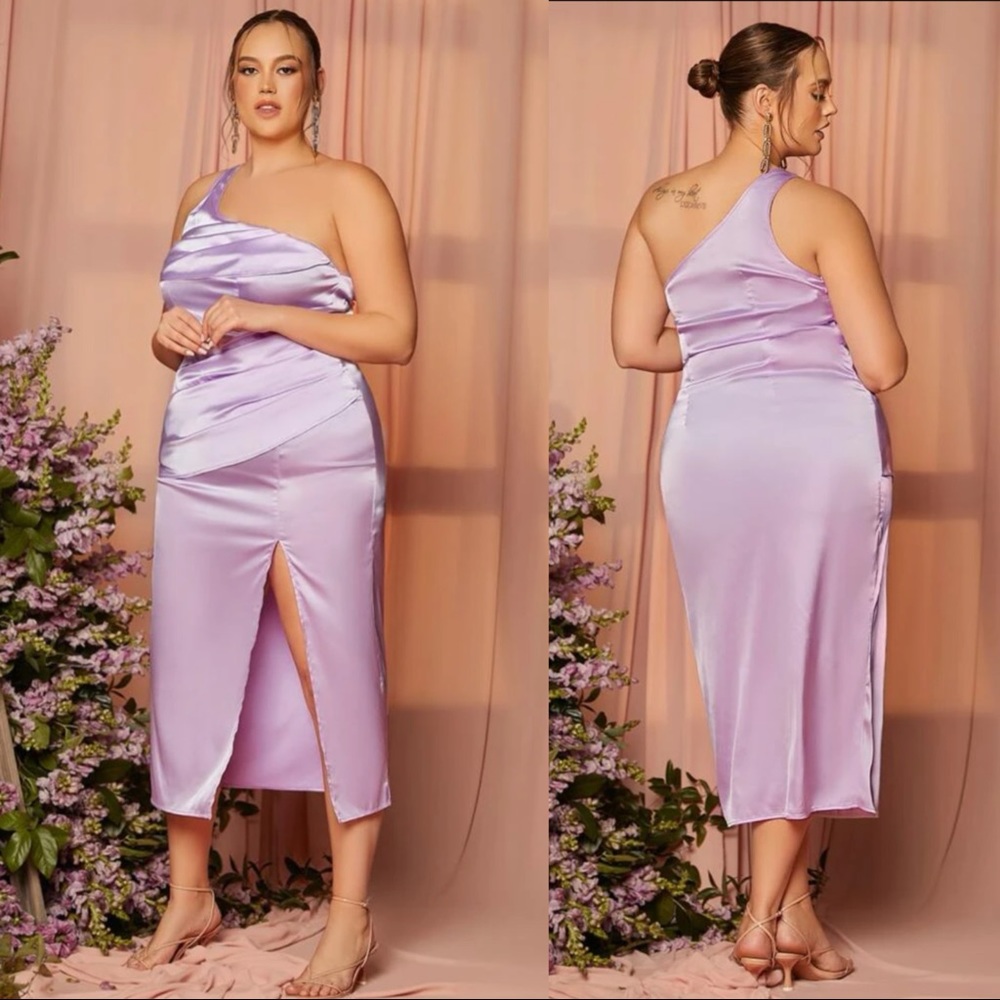 Lavender One Shoulder Split Thigh Satin Formal Dress